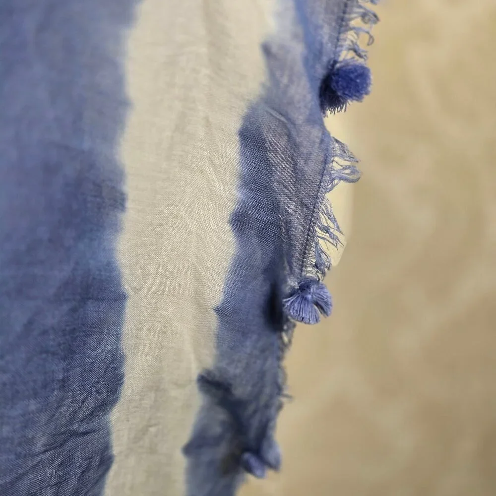 Mud Pie Oblong Blue White Tie Dye Scarf Pompom Fringed Ends
